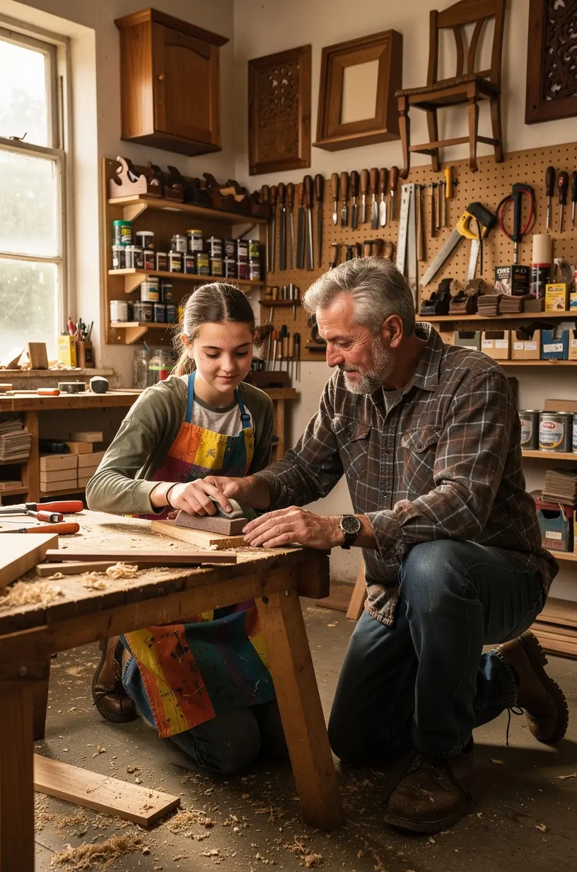 Woodworking tools and various types of wood selection.